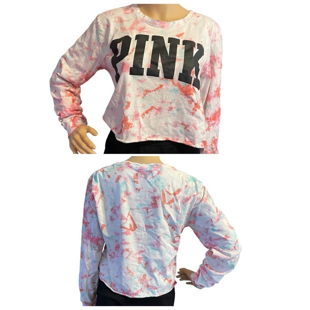 Victoria’s Secret Cropped Long Sleeve Tie Dye Shirt White Pink Blue Black Medium